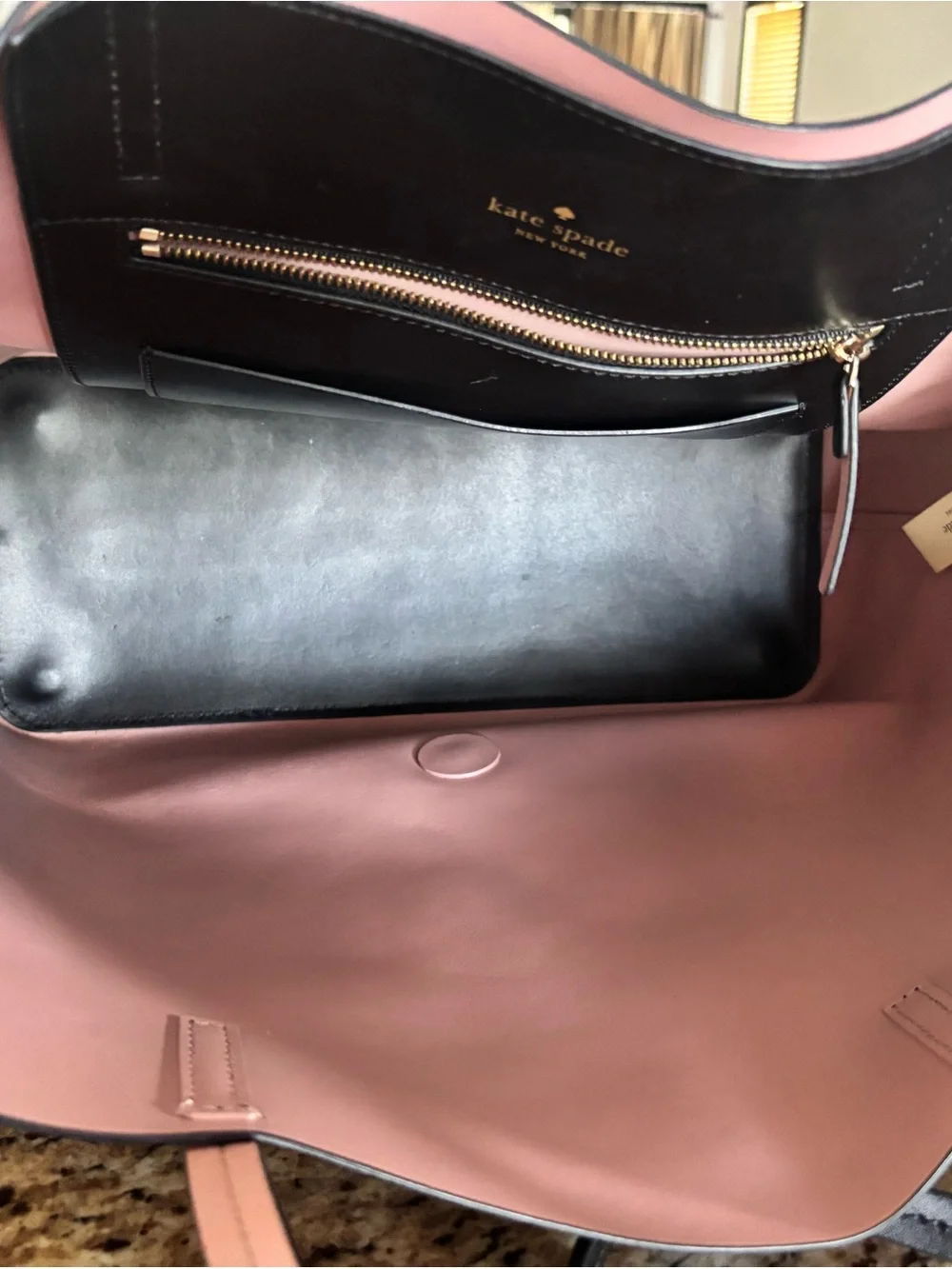 kate spade Black Leather Bunny Tote with Pink Trim
